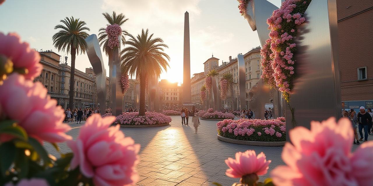 Installazione artistica monumentale con petali e metallo