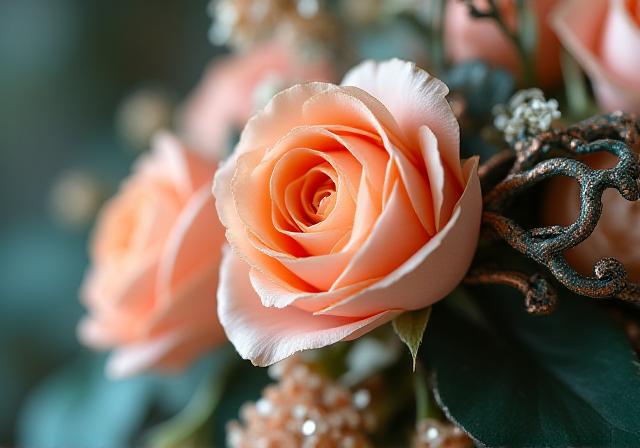 Rame ossidato e rose cipria